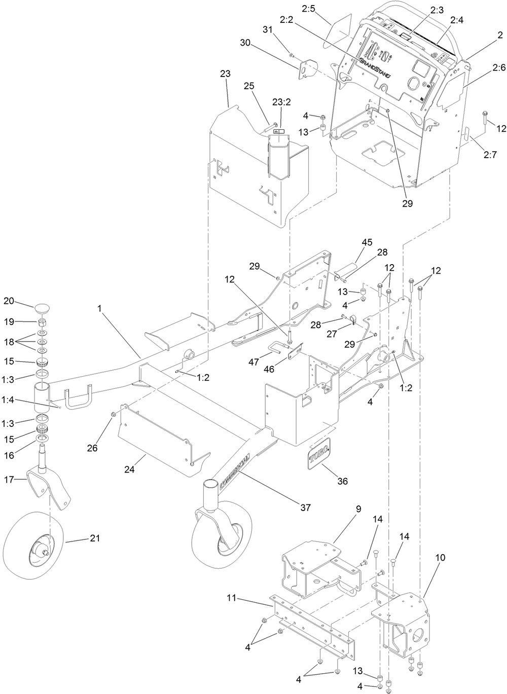 Frame Assembly Diagram and Parts List for 74583 (313001001-313999999)(2013) Toro Lawn Mower