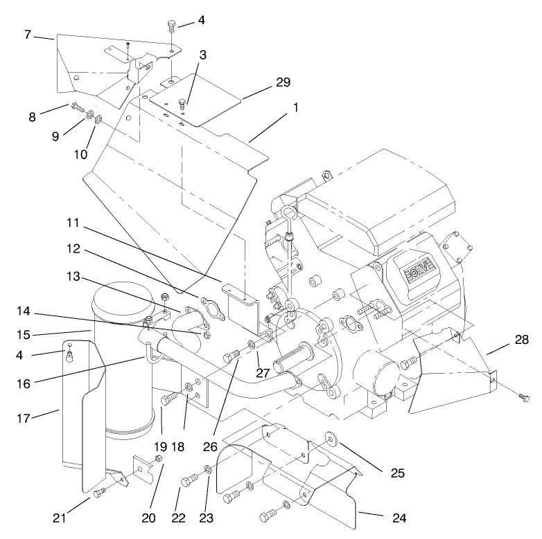 Heat Shields And Exhaust Diagram and Parts List for 74182 (890184-891199)(1998) Toro Lawn Tractor