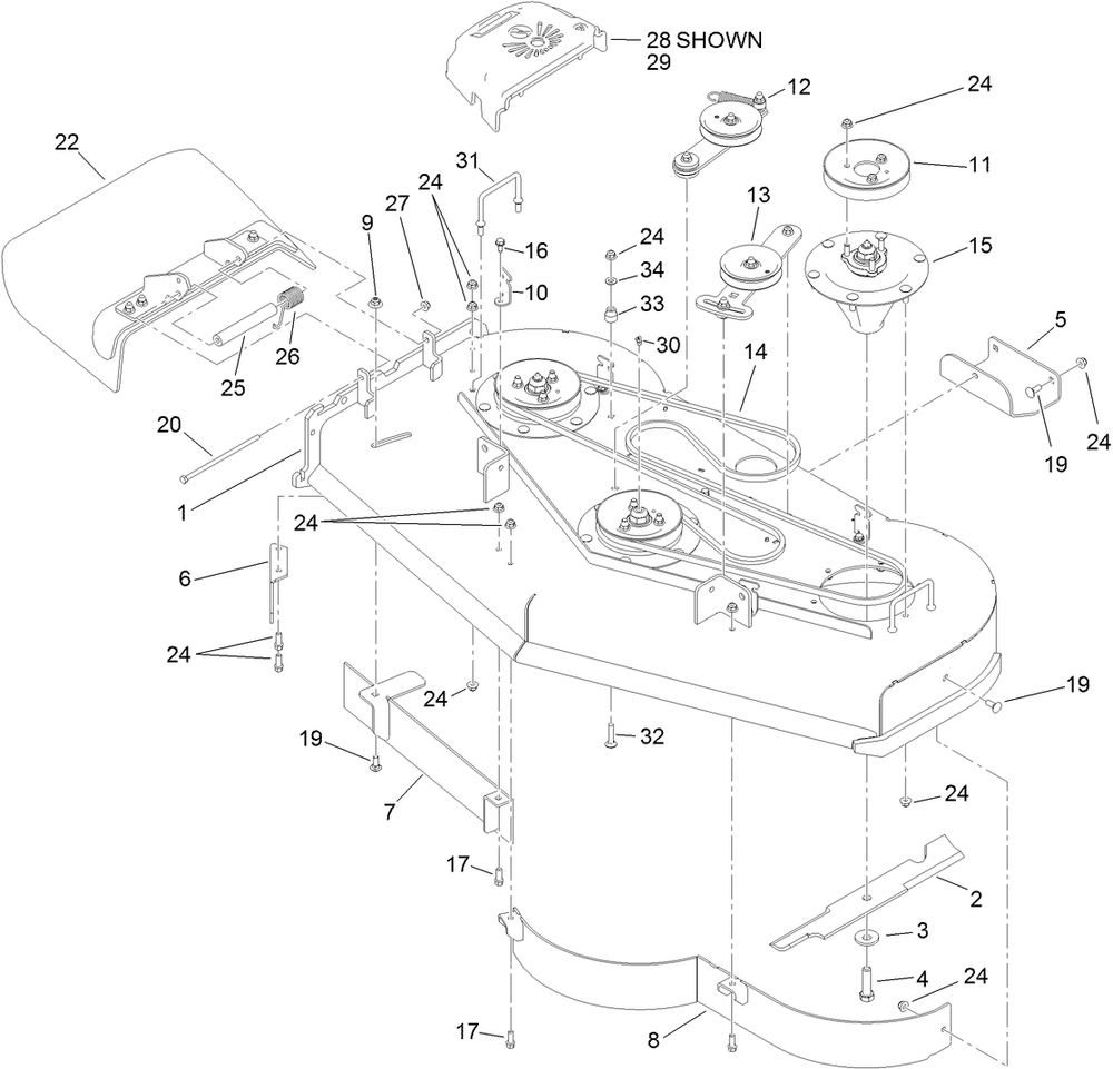 Deck Assembly Diagram and Parts List for 74589 (313000001-313001000)(2013) Toro Lawn Mower