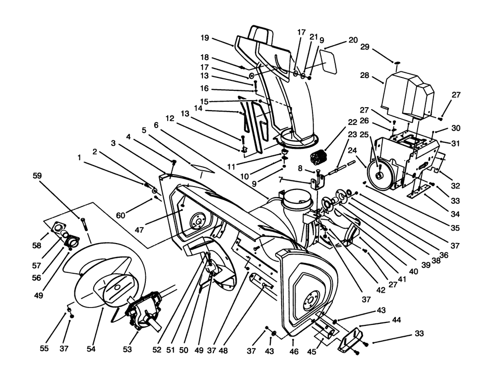 Housing & Chute Assembly Diagram and Parts List for 38543 4900001 - 4999999 Toro Snow Blower