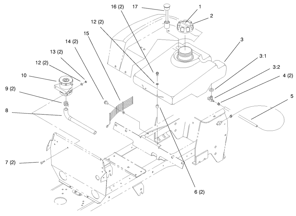 Fuel Tank And Hydro Reservoir Diagram and Parts List for 72064 7900001 - 7999999 Toro Lawn Tractor