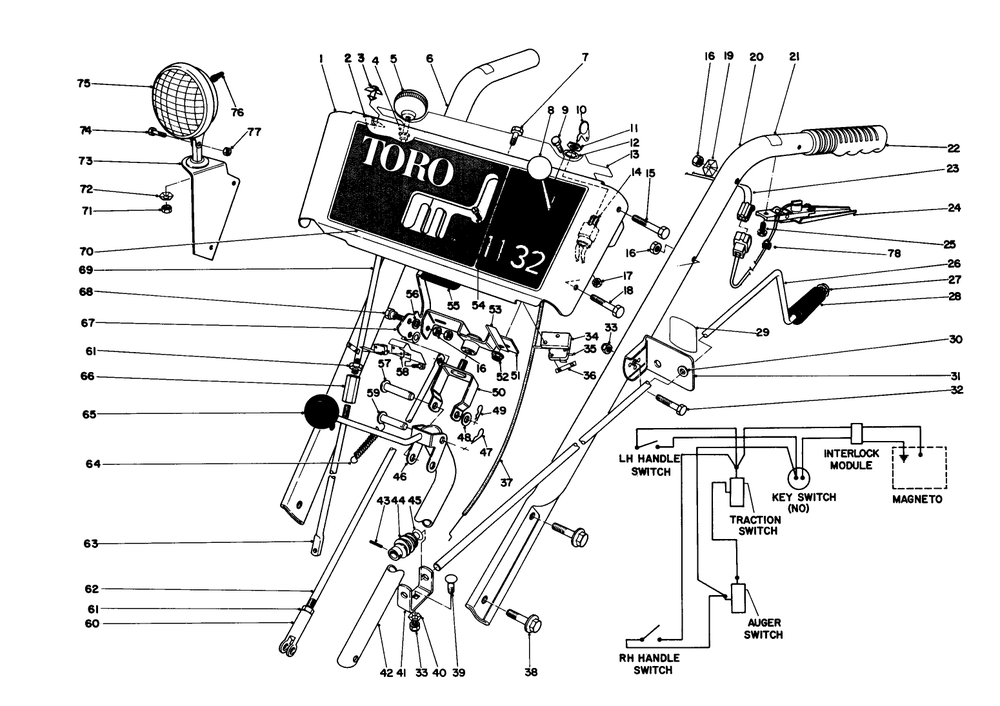 Handle Assembly Diagram and Parts List for 38160 7000001 - 7999999 Toro Snow Blower
