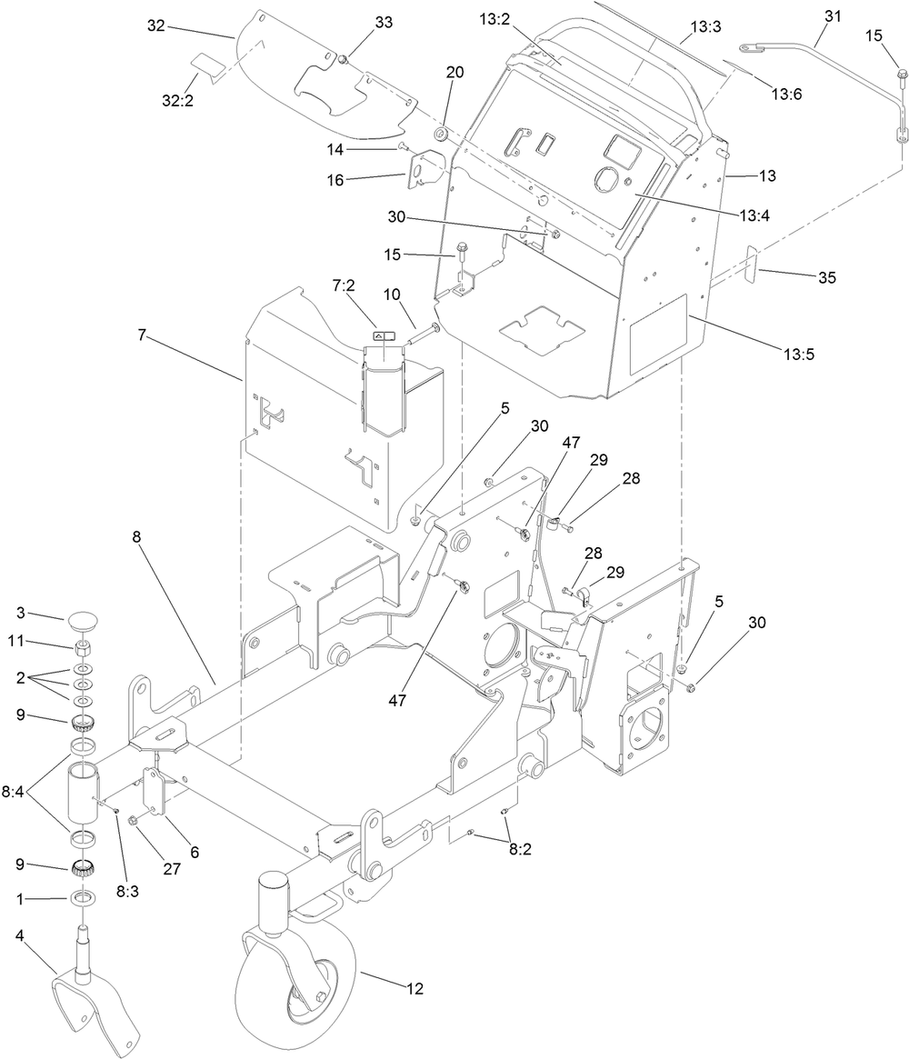 Main Frame Assembly Diagram and Parts List for 74534TE (314000001-314999999)(2014) Toro Lawn Mower