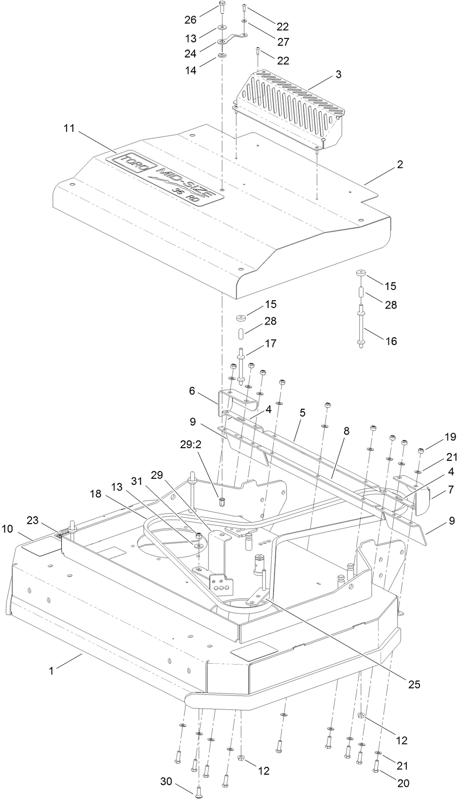 Deck, Cover And Guard Assembly Diagram and Parts List for 2711 315000001 - 315999999 Toro Lawn Tractor Accessories