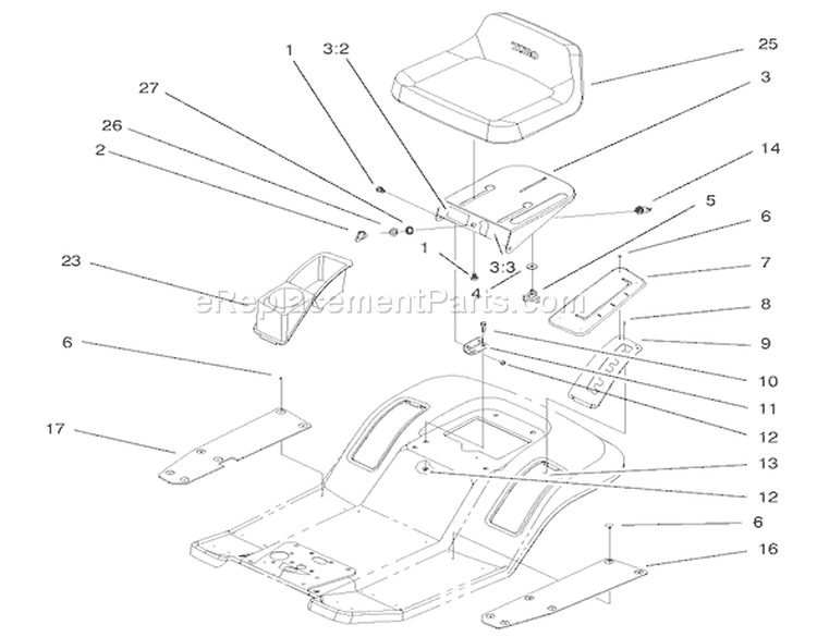 Rear Body & Seat Assembly Diagram and Parts List for 77104 200000001-200999999 - 2000 Toro Lawn Tractor