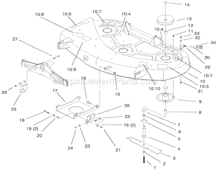 Deck, Spindle & Blade Assembly Diagram and Parts List for 77106 200000001-200999999 - 2000 Toro Lawn Tractor
