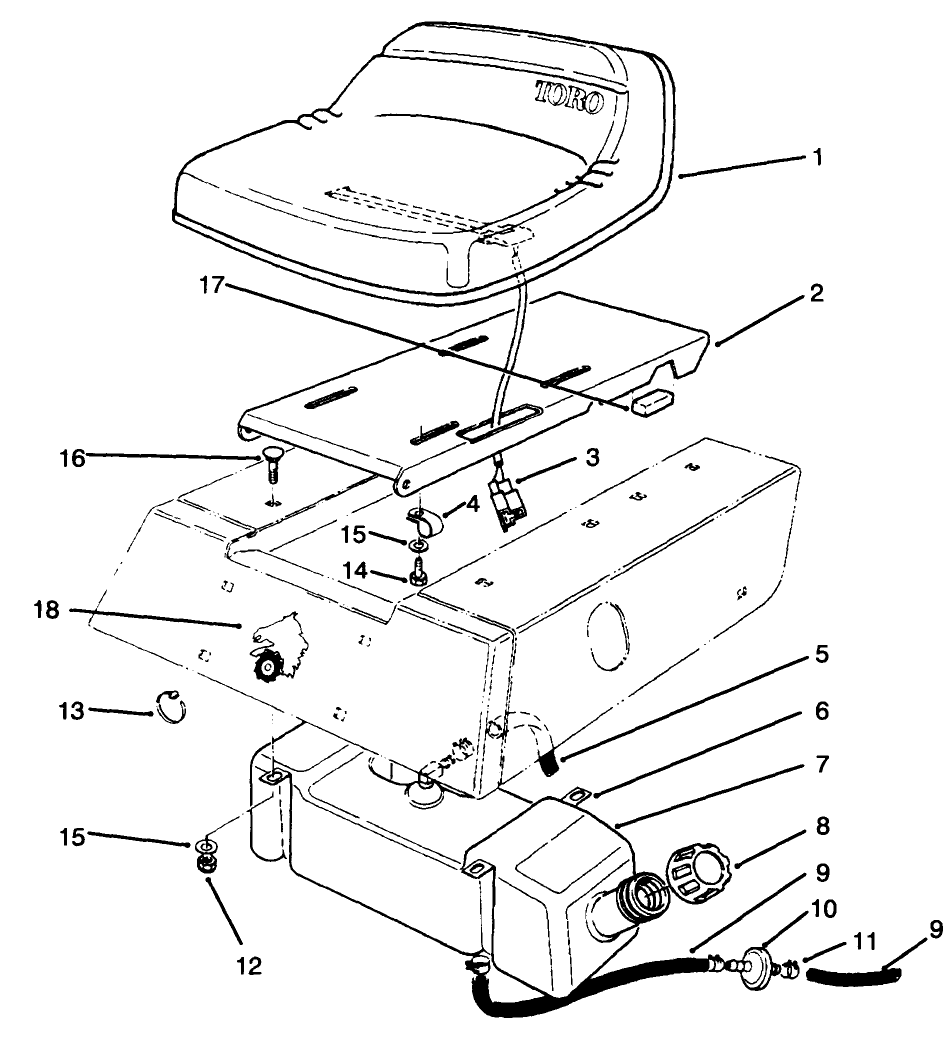 Seat & Gas Tank Assembly Diagram and Parts List for 70040 49000001 - 49999999 Toro Lawn Tractor