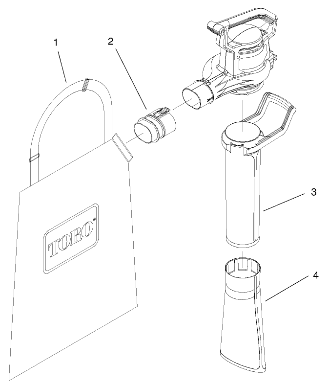 Tube And Bag Assembly Diagram and Parts List for 51589 99000001 - 99100000 Toro Leaf Blower / Vacuum