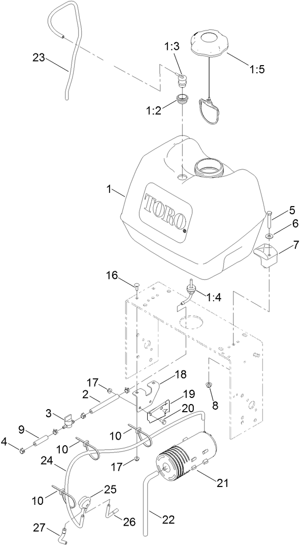 Fuel System Assembly Diagram and Parts List for 39678 410300000-999999999 Toro Lawn Mower