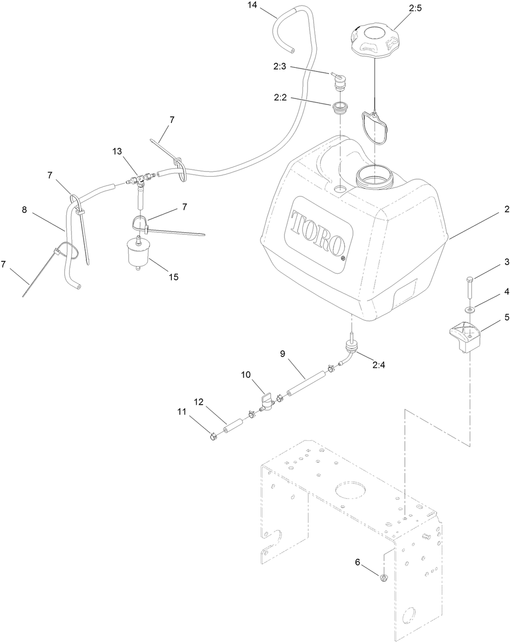 Fuel Tank And Hose Assembly Diagram and Parts List for 31914 405300000-410299999 Toro Lawn Mower
