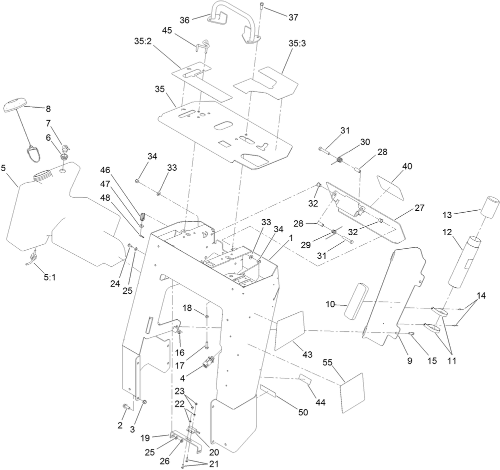 Tower, Control Panel And Fuel Tank Assembly Diagram and Parts List for 22974 404710000 - 999999999 Toro Lawn Tractor Accessories