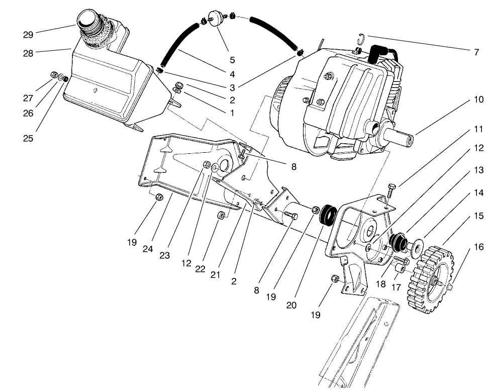 Engine & Main Frame Assembly Diagram and Parts List for 38431 7900001 - 7999999 Toro Snow Blower