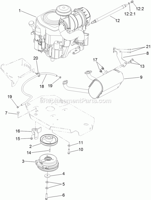 Engine, Muffler And Clutch Assembly Diagram and Parts List for 74916 312000001-312999999 Toro Lawn Mower