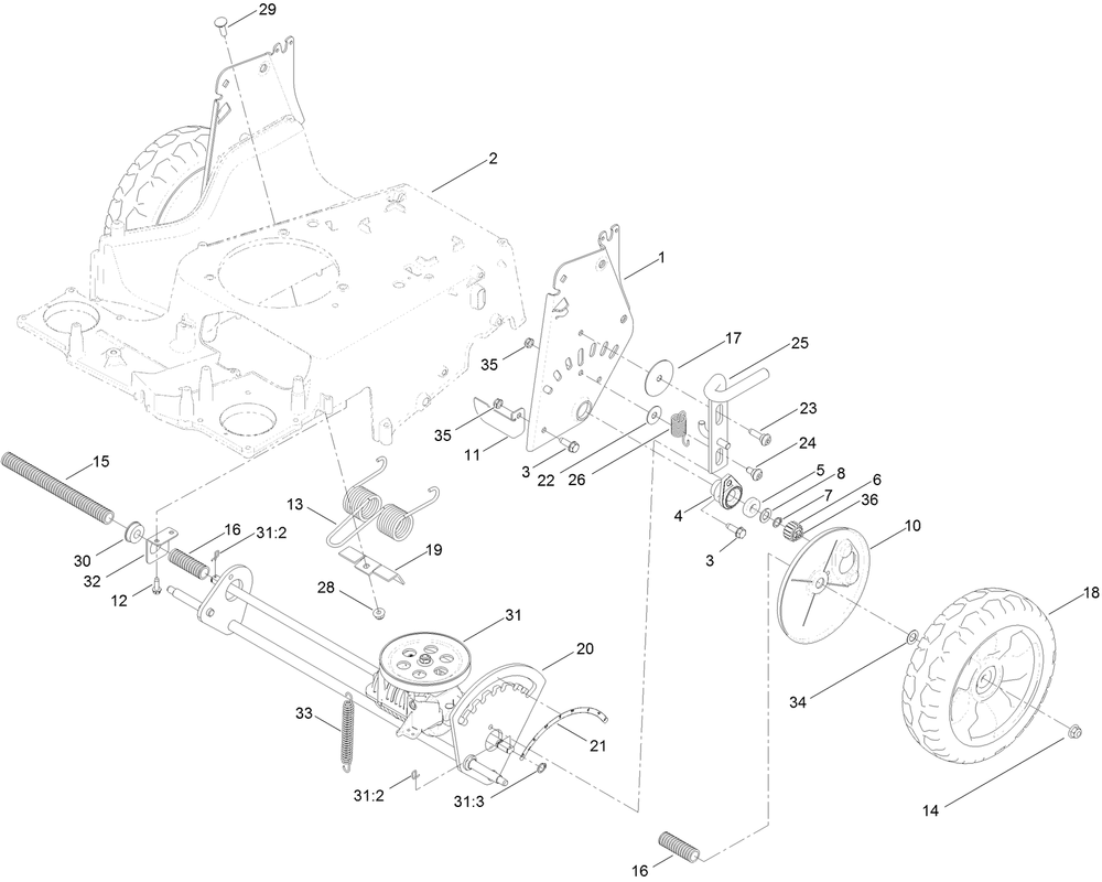 Traction And Height-Of-Cut Assembly Diagram and Parts List for 22210 (316000001-316999999)(2016) Toro Lawn Mower