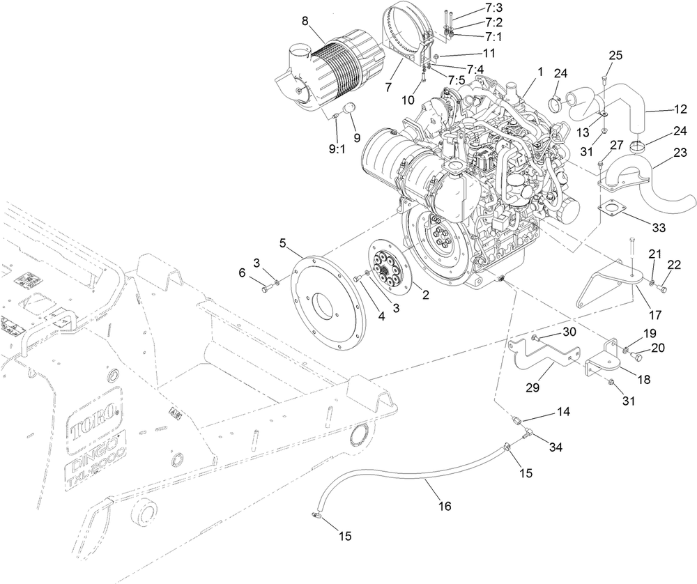 Engine And Air Cleaner Assembly Diagram and Parts List for 22530 400000000 - 405539999 Toro Lawn Tractor Accessories