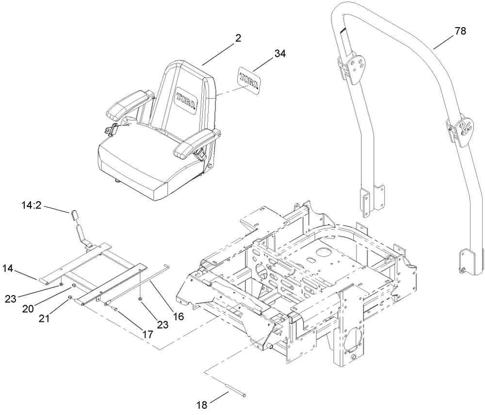 Seat And Roll-Over Protection System Assembly Diagram and Parts List for 74237CP (270000001-270999999)(2007) Toro Lawn Mower