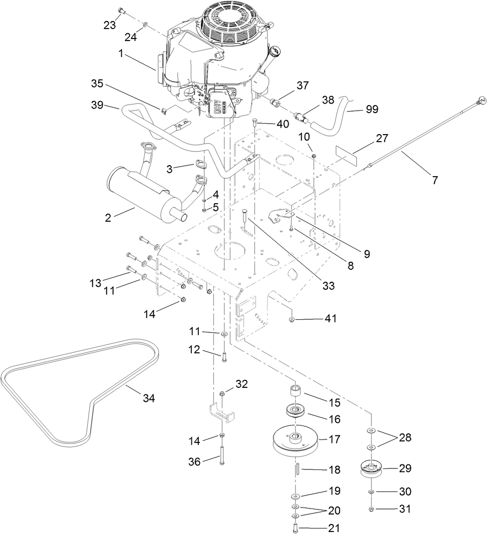 Engine And Exhaust Assembly Diagram and Parts List for 39638 405700000-410299999 Toro Lawn Mower