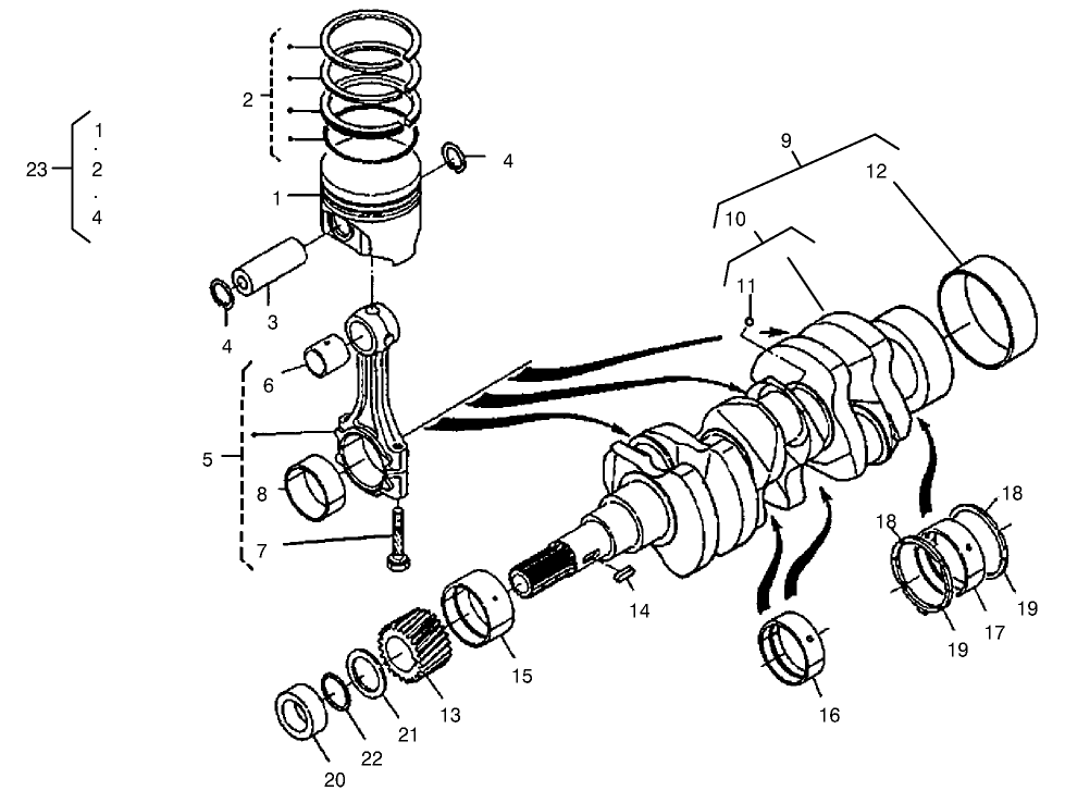 Piston And Crankshaft Assembly Diagram and Parts List for 22303TE 990001 - 999999 Toro Lawn Tractor Accessories