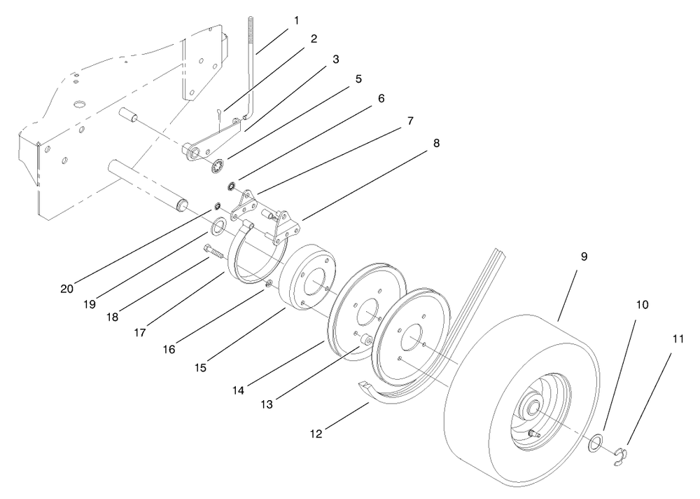 Brake, Wheel Pulley And Wheel Assembly Diagram and Parts List for 30159 790001 - 795100 Toro Lawn Tractor Accessories