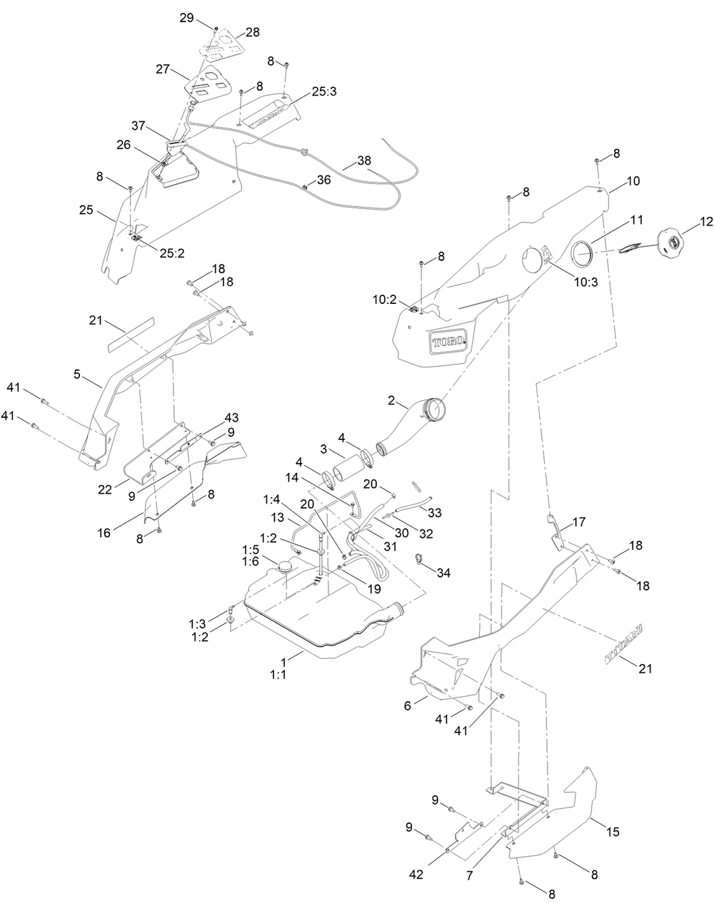 Fuel Tank Assembly Diagram and Parts List for 76530 418300000 - 418499999 Toro Lawn Tractor