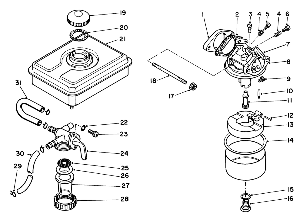 Fuel Tank & Carburetor Assembly Diagram and Parts List for 58435 5000001 - 5999999 Toro Edger