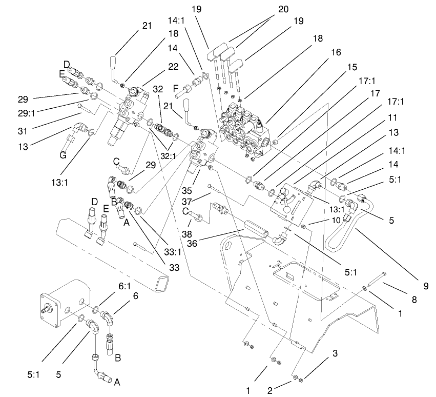 Hydraulic Assembly Diagram and Parts List for 22302 990001 - 999999 Toro Lawn Tractor Accessories