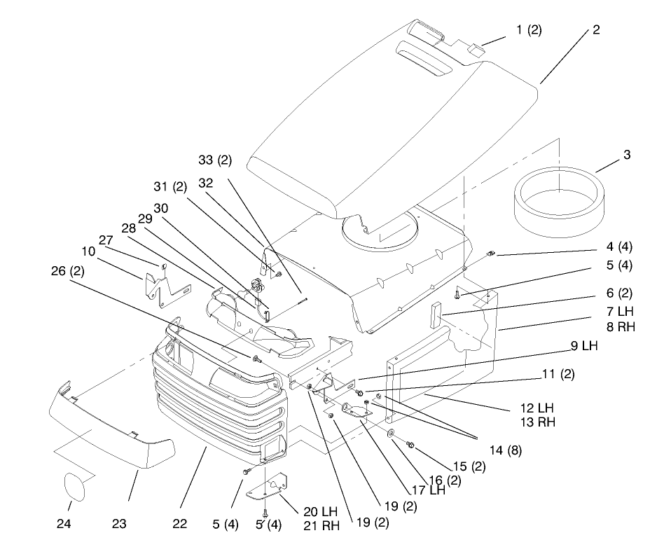 Hood And Grill Diagram and Parts List for 72064 8900600 - 8999999 Toro Lawn Tractor