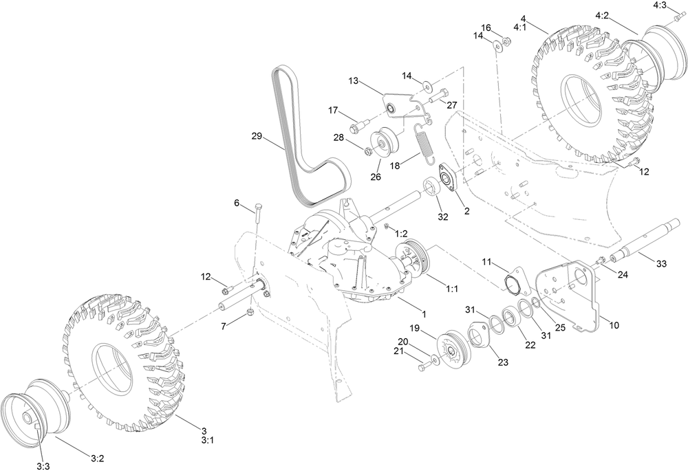 Transmission, Drive And Tire Assembly Diagram and Parts List for 36002 409000000 - 412999999 Toro Snow Blower