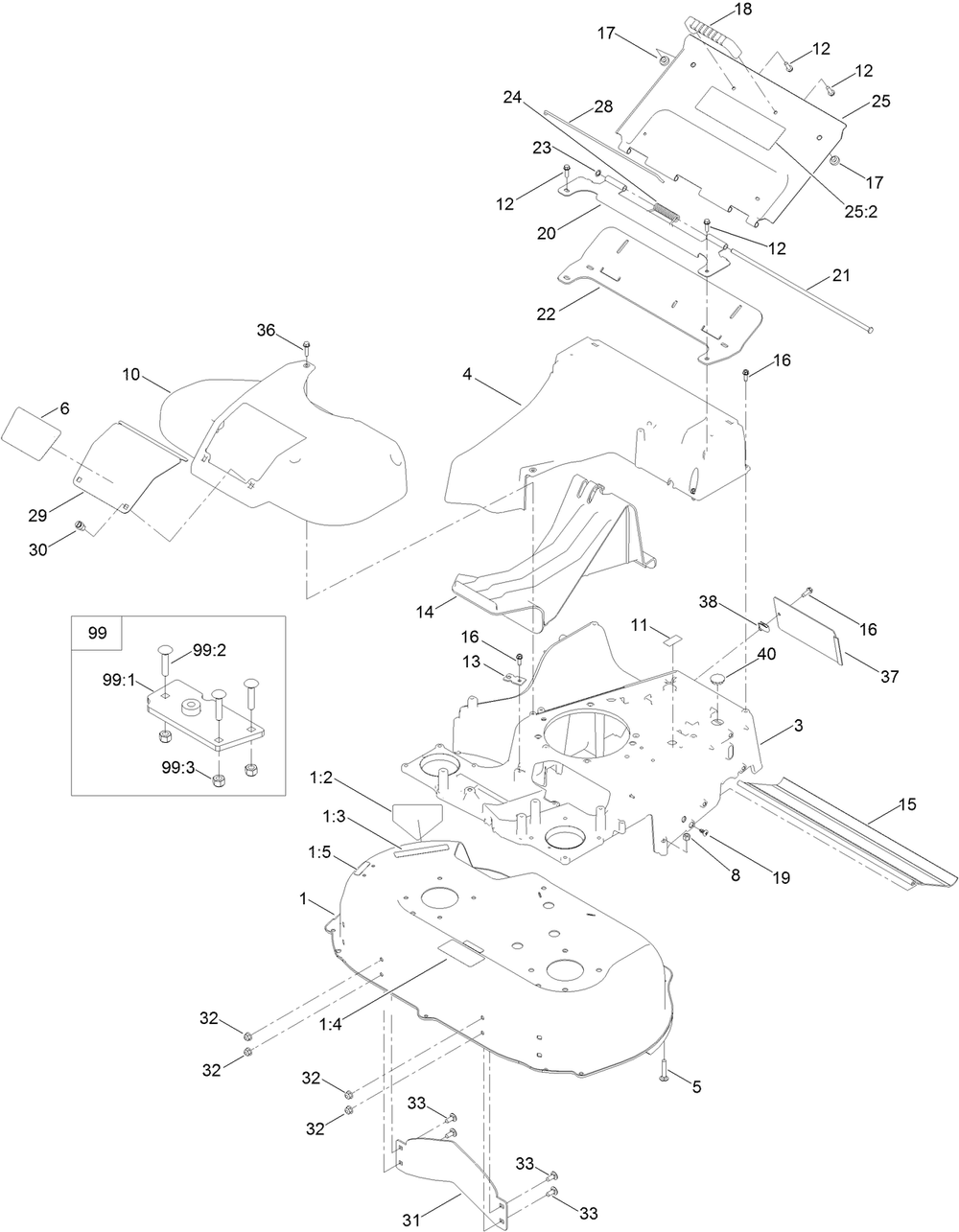 Deck Assembly Diagram and Parts List for 22215 400000000-405319999 Toro Lawn Mower