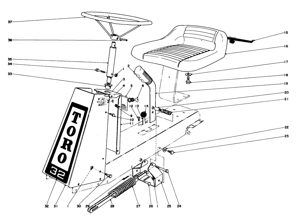 Steering And Seat Assembly Diagram and Parts List for 56150 5000001 - 5999999 Toro Lawn Tractor