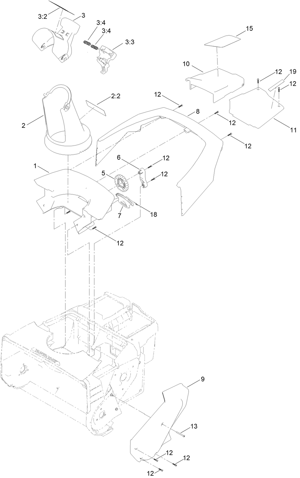 Chute Assembly Diagram and Parts List for 39901 416000000 - 999999999 Toro Snow Blower