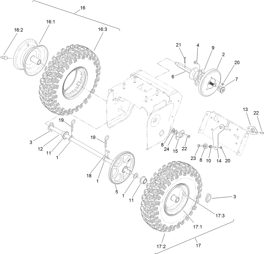 Drive Assembly Diagram and Parts List for 37798 408707000 - 411309388 Toro Snow Blower