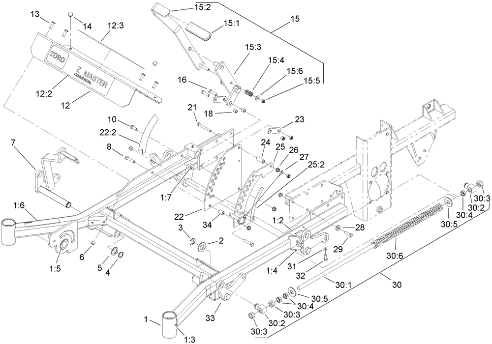 Front Frame Assembly Diagram and Parts List for 74269CP (270000001-270999999)(2007) Toro Lawn Mower