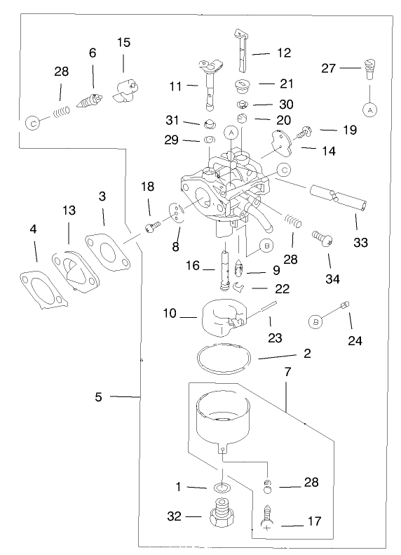 Carburetor Assembly Diagram and Parts List for 20044 99000001 - 99999999 Toro Lawn Mower