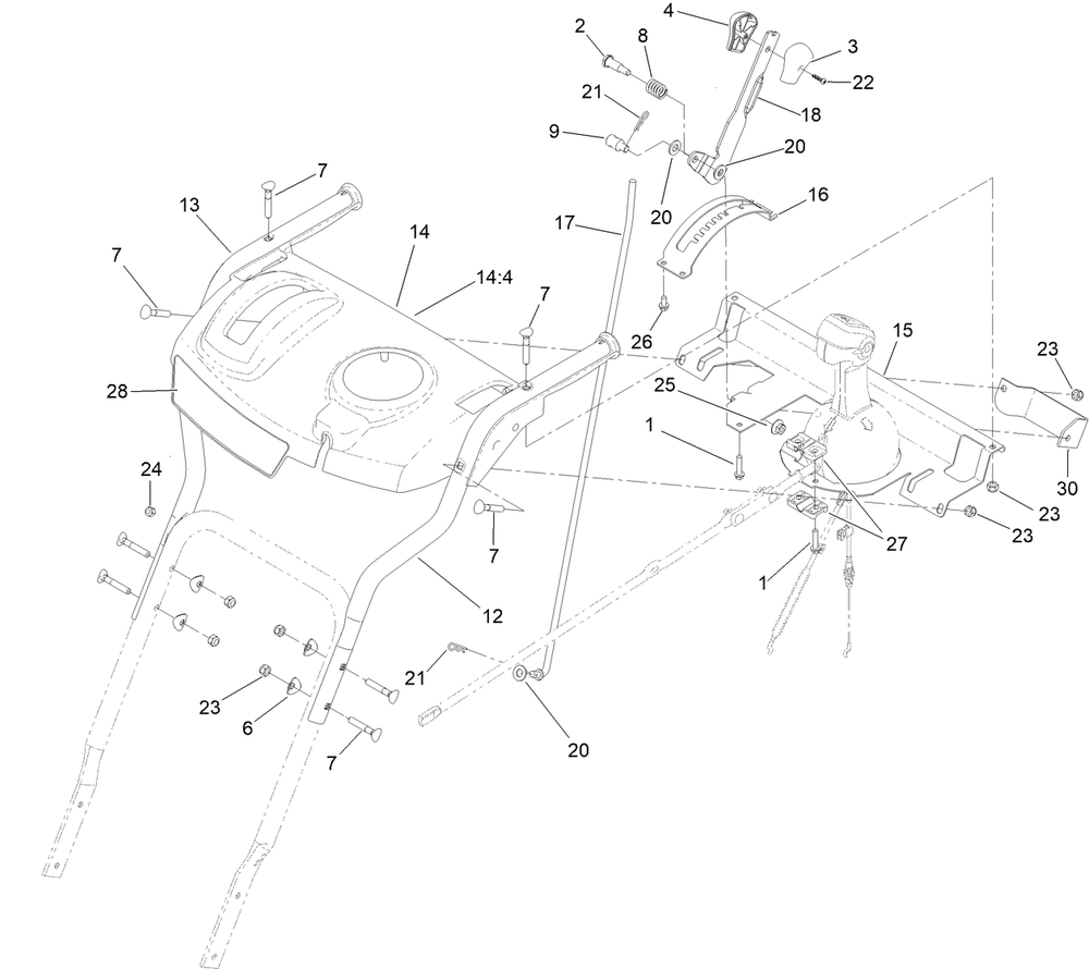 Handle Assembly Diagram and Parts List for 37798 413000000 - 416159999 Toro Snow Blower