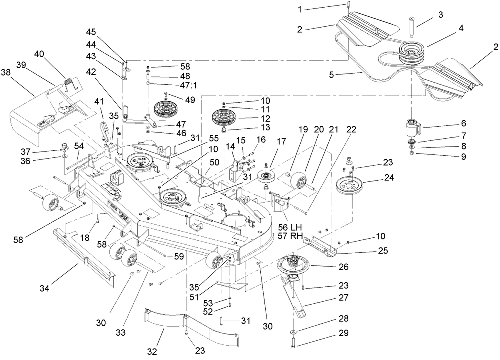 Deck Assembly Diagram and Parts List for 74268TE (250000001-250999999)(2005) Toro Lawn Mower