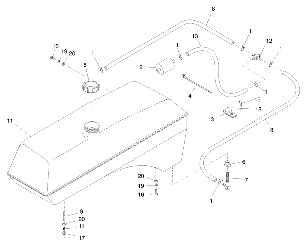 Fuel Tank Diagram and Parts List for 74200 890001 - 899999 Toro Lawn Tractor