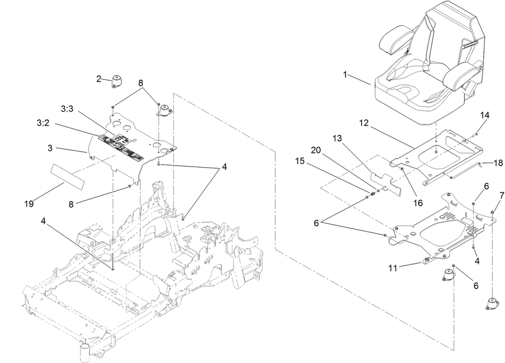 Seat Mounting Assembly Diagram and Parts List for 74938 (312000001-312999999)(2012) Toro Lawn Mower