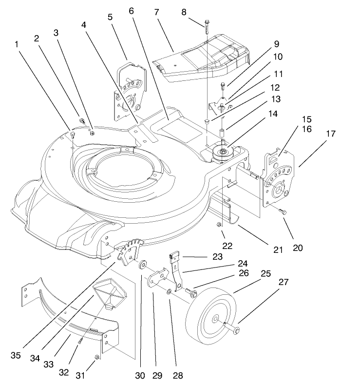 Housing, Handle Brackets, & Wheel Assembly Diagram and Parts List for 20651 9900001 - 9999999 Toro Lawn Mower