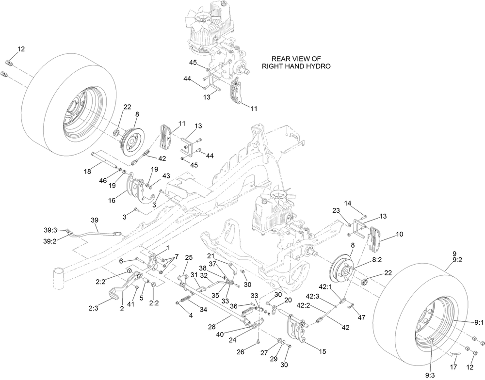 Parking Brake And Wheel Assembly Diagram and Parts List for 74950 402100000-403247404 Toro Lawn Mower
