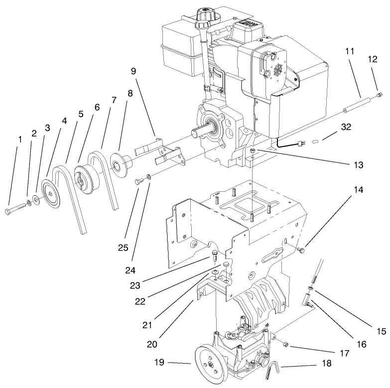 Engine & Transmission Drive Assembly Diagram and Parts List for 38590 9900001 - 9999999 Toro Snow Blower