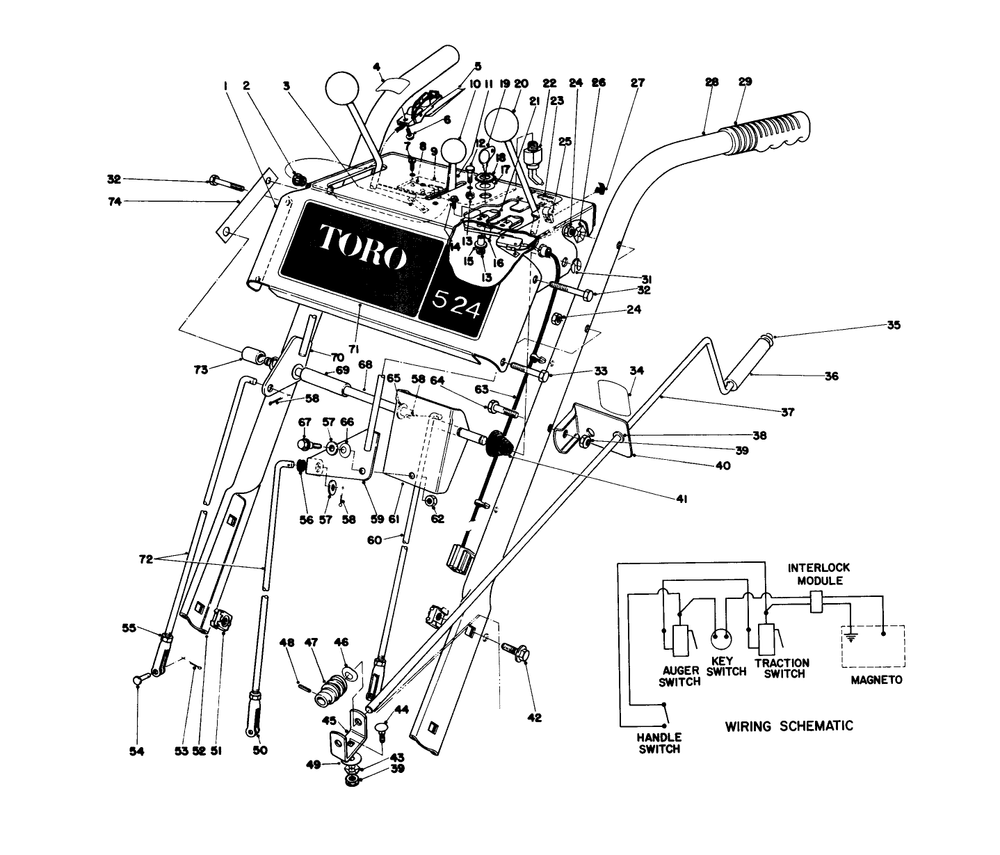 Handle Assembly Diagram and Parts List for 38045 4000001 - 4999999 Toro Snow Blower