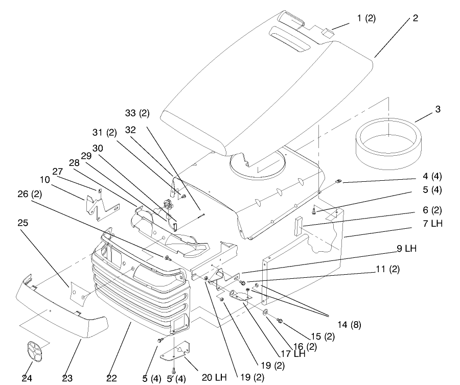 Hood And Grill Diagram and Parts List for 72045 7900001 - 7999999 Toro Lawn Tractor