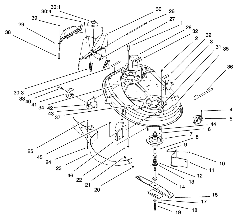 38" Deck Components Assembly Diagram and Parts List for 71193 6900001 - 6999999 Toro Lawn Tractor