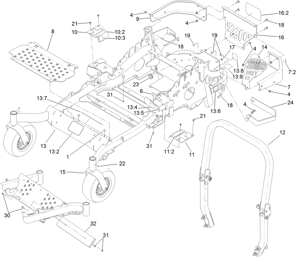 Frame And Caster Wheel Assembly Diagram and Parts List for 74141 (313000001-313999999)(2013) Toro Lawn Mower