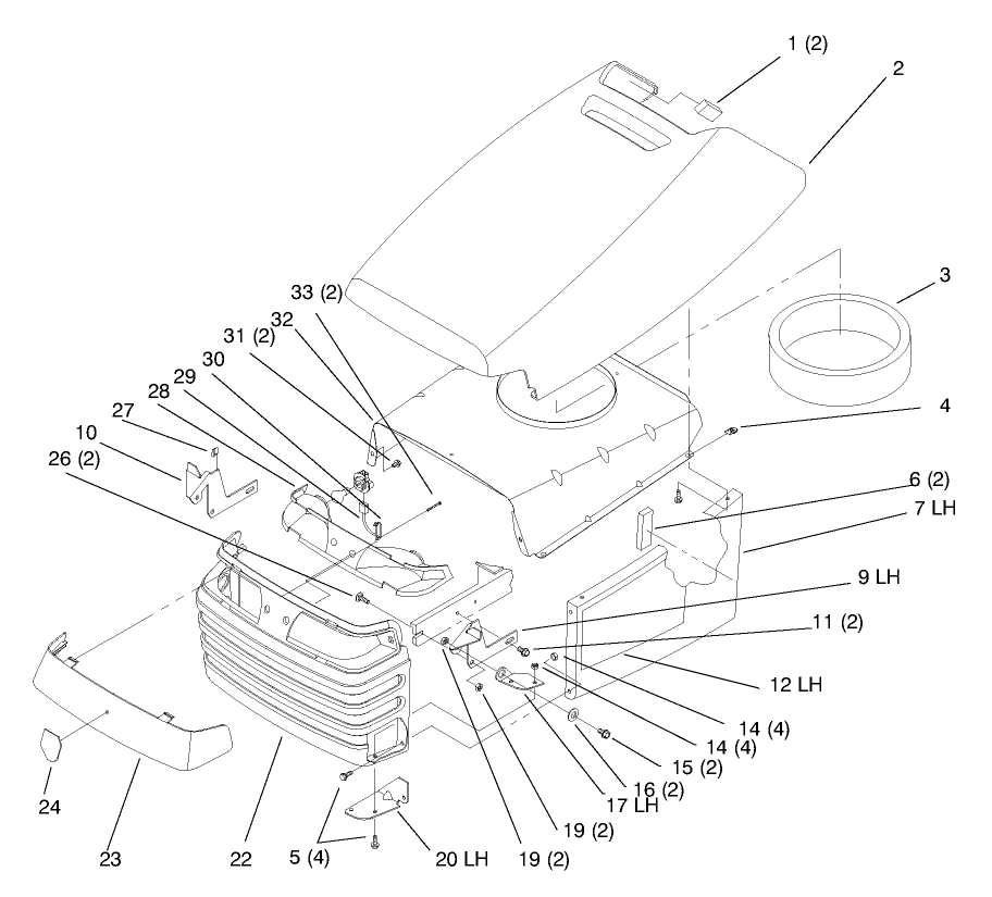 Hood And Grill Diagram and Parts List for 72110 8900600 - 8999999 Toro Lawn Tractor