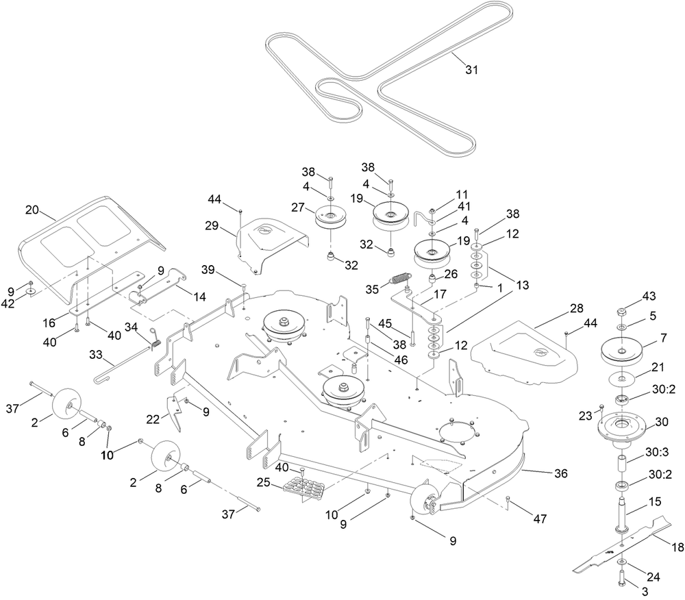 60in Deck Assembly Diagram and Parts List for 76602 400000000 - 412999999 Toro Lawn Tractor