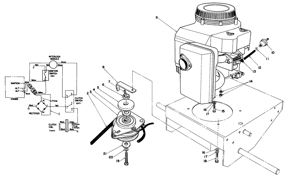 Engine And Clutch Assembly Diagram and Parts List for 30112 6000001 - 6999999 Toro Lawn Tractor Accessories