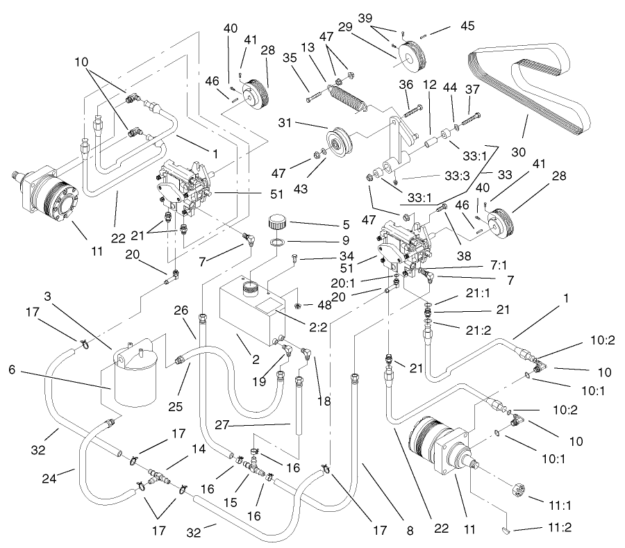 Hydraulic System Assembly Diagram and Parts List for 74228 (210000001-210999999)(2001) Toro Lawn Mower