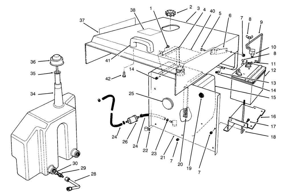 Hood, Fuel Tank & Hydraulic Reservoir Assembly Diagram and Parts List for 30610 490001 - 499999 Toro Lawn Tractor